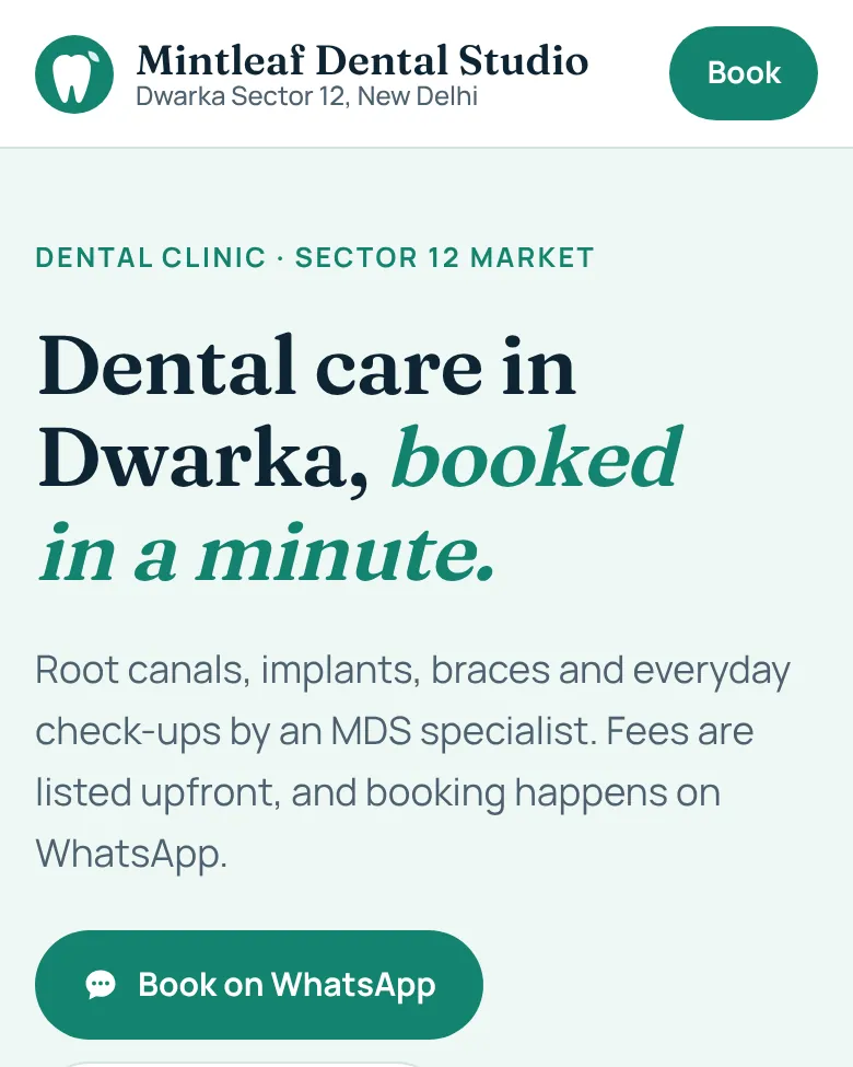 Mintleaf Dental Studio example homepage on a phone